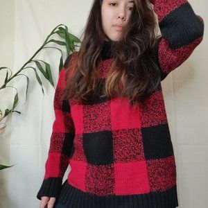 Red Checker Turtle-Neck Pattern Sweater